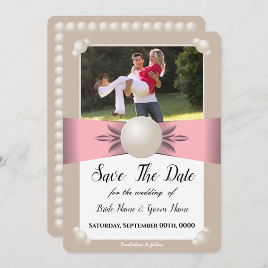 Foto "Mute Blush & Tan Pearl Ribbon" Save the Date Einladung (Vorne/Hinten)