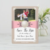 Foto "Mute Blush & Tan Pearl Ribbon" Save the Date Einladung (Stehend Vorderseite)