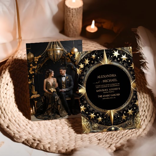 Foto Mystical Black Gold Celestial Galaxy Hochzeit Einladung