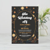 Foto Mystical Black Gold Celestial Stars Hochzeit Einladung (Stehend Vorderseite)