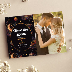 Foto Mystical Black Gold Celestial Stars Hochzeit Save The Date