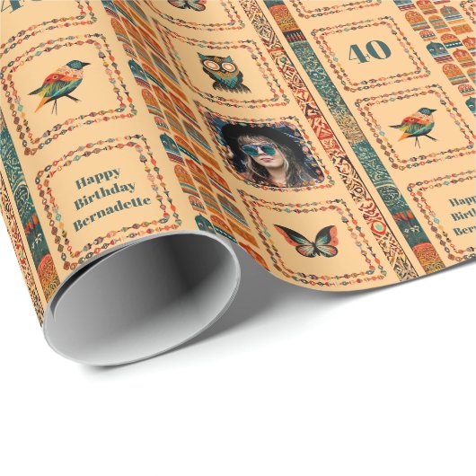 Foto Name Age Ethnic Bohemisch Peach Owl Geburtsta Geschenkpapier (Rolleneckpunkt)