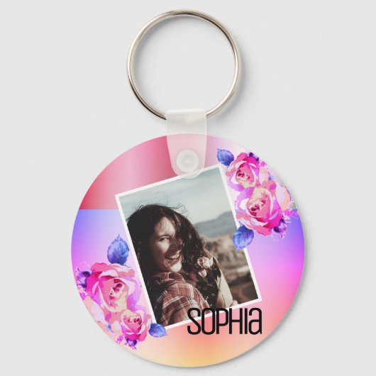 Foto Name Aquarellfarbe Rosa Blume Rose Schlüsselanhänger (Vorderseite)