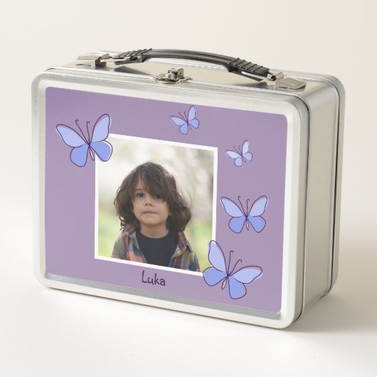 Foto Name Violet & Blue Butterfly Flutter Metall Brotdose (Vorderseite)