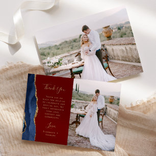 Foto Navy Blau Achat Burgund Gold Schrift Hochzeit Dankeskarte