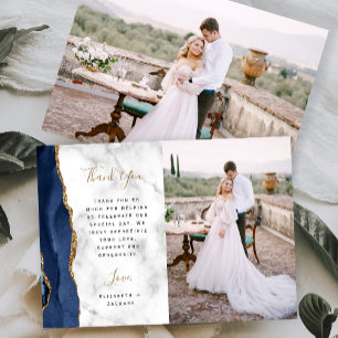 Foto Navy Blue Agate Gold Script Marble Wedding Dankeskarte
