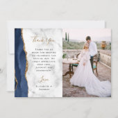 Foto Navy Blue Agate Gold Script Marble Wedding Dankeskarte (Vorderseite)