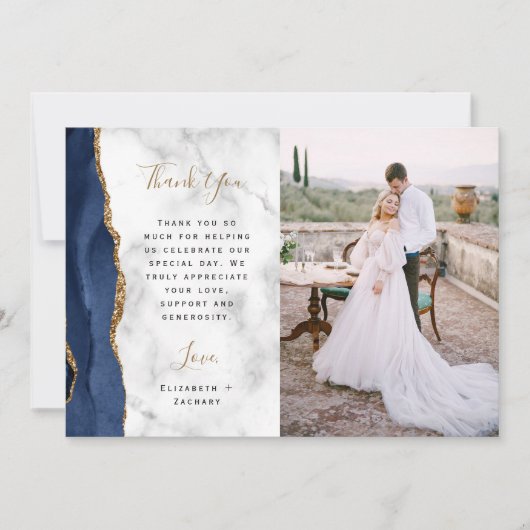 Foto Navy Blue Agate Gold Script Marble Wedding Dankeskarte (Vorderseite)