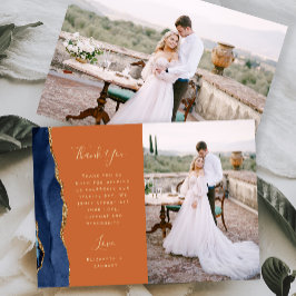 Foto Navy Blue Agate Gold Script Rust Wedding Dankeskarte