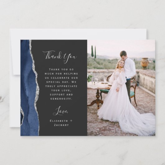 Foto Navy Blue Agate Silver Dark Script Hochzeit Dankeskarte (Vorderseite)