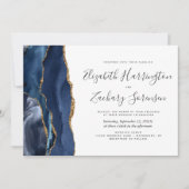 Foto Navy Blue Gold Agate Hochzeitseinladung Einladung (Vorderseite)