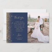Foto Navy Blue Gold Glitzer Script Hochzeit Dankeskarte (Vorderseite)