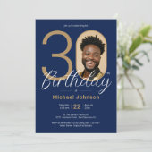 Foto Navy Blue Gold Men's 30. Geburtstag Einladung (Stehend Vorderseite)