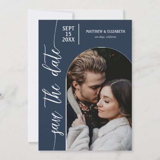 Foto Navy Blue QR Code Hochzeit Save The Date (Vorderseite)