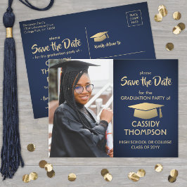 Foto Navy Blue und Gold Abschluss Save the Date Postkarte
