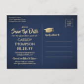Foto Navy Blue und Gold Abschluss Save the Date Postkarte (Rückseite)