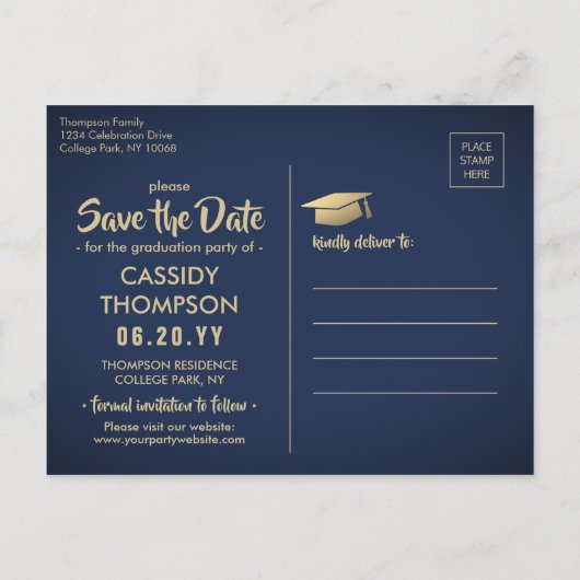 Foto Navy Blue und Gold Abschluss Save the Date Postkarte (Rückseite)
