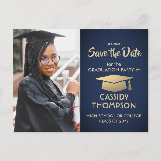 Foto Navy Blue und Gold Abschluss Save the Date Postkarte (Vorderseite)