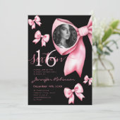 FOTO Niedlich Coquette Blush Pink Bow Sweet 16 Bla Einladung (Stehend Vorderseite)