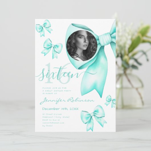 FOTO Niedlich Coquette Türkis Bow Sweet 16 Einladung (Stehend Vorderseite)