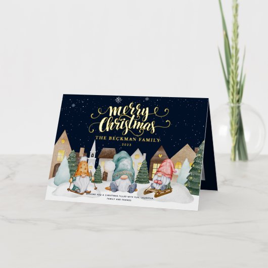 Foto Niedlich Gnomes Winterschnee Frohe Weihnachte (Vorderseite)