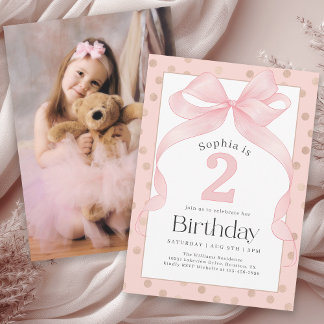 Foto niedlich Pink Bow and Dots 2. Geburtstag Einladung