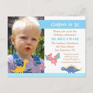 Foto Niedliche farbenfrohe Dinosaurier Geburtstags Einladung