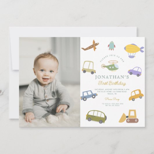 Foto Niedliche Pastellwagen Flugzeug Rocket Geburt Einladung (Vorderseite)