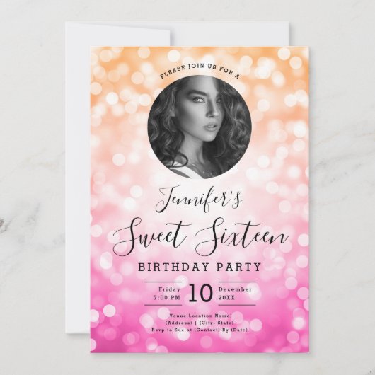 FOTO Orange Pink Bokeh Lights Sweet 16 Party Einladung (Vorderseite)
