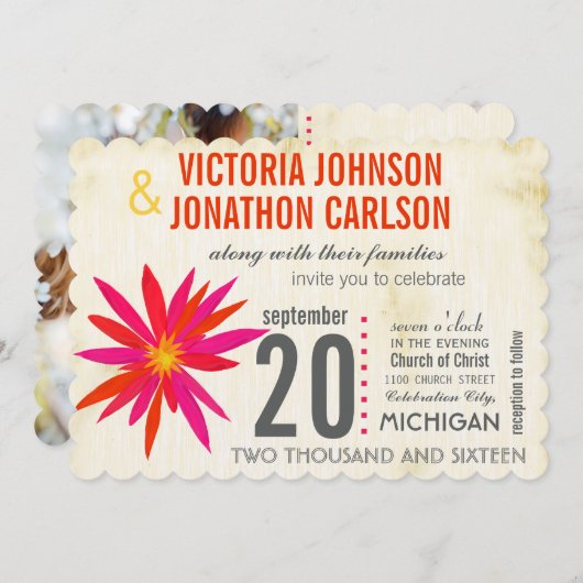 Foto Orange Pink Moderne Daisy Wedite Einladung (Vorne/Hinten)