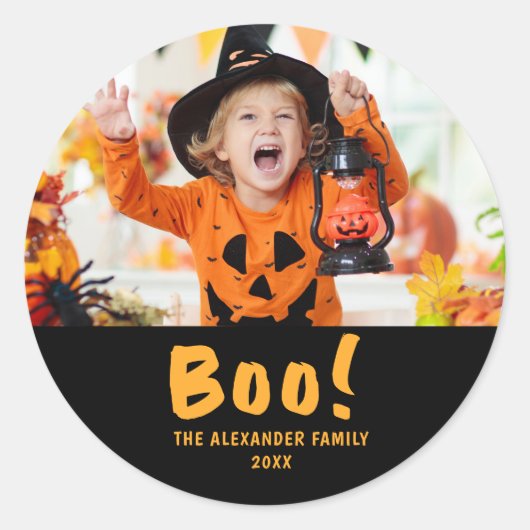 Foto Orange Pumpkins Black Halloween Boo Runder Aufkleber (Vorderseite)