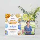 Foto Orange Weltraum Geburtstagseinladungen Einladung (Stehend Vorderseite)