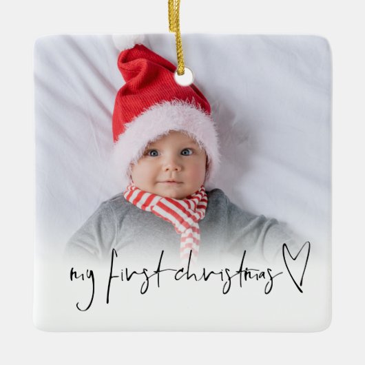 Foto Overlay Baby First Christmas Name Geburtsdatu Keramikornament (Vorderseite)