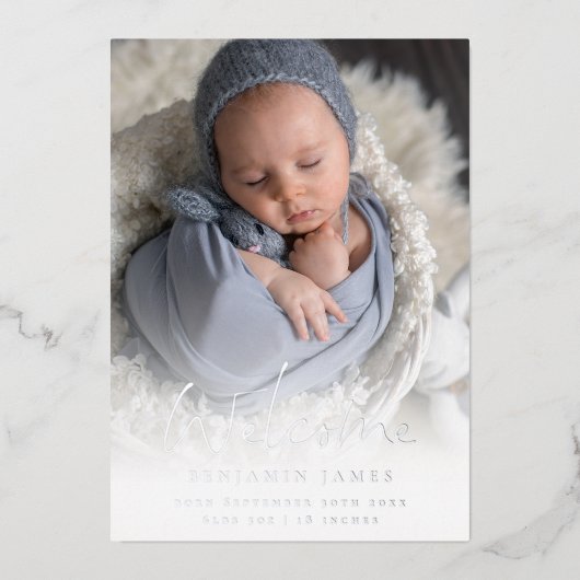 Foto Overlay Begrüßung Geburtserklärung Luxus Folieneinladung (Vorderseite)