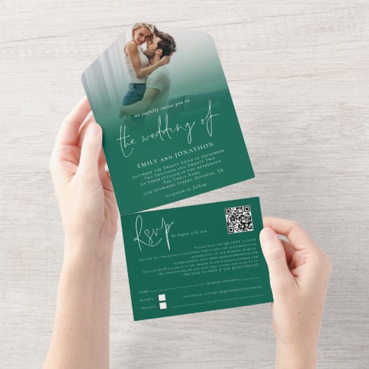 Foto Overlay QR Code Smaragdgrüne Skripthochzeit All In One Einladung (Abreißen)