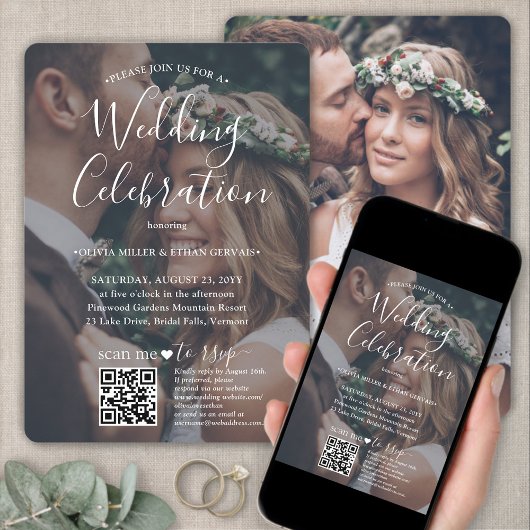 Foto Overlay QR-Code UAWG White Script-Hochzeit Einladung