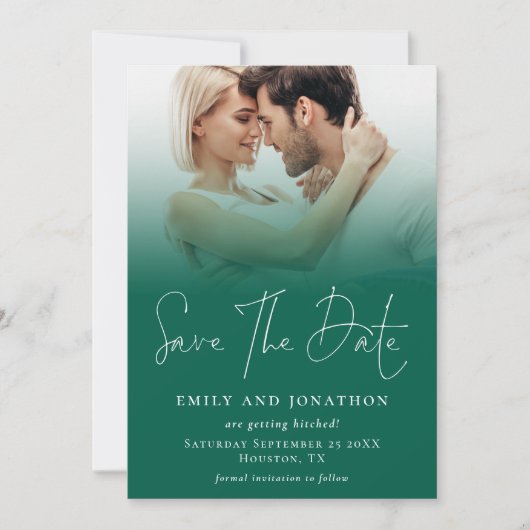 Foto Overlay QR Emerald Green Script Wedding Save The Date (Vorderseite)