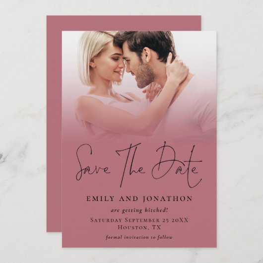 Foto Overlay QR Rose Gold Black Script Hochzeit Save The Date (Vorne/Hinten)