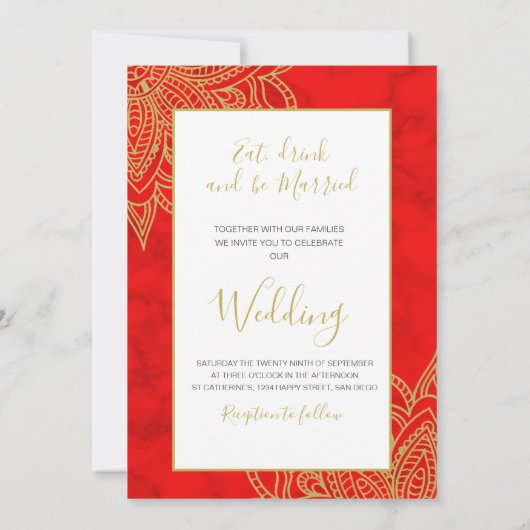 Foto Overlay Red Gold Moderne Hochzeit im indische Einladung (Rückseite)