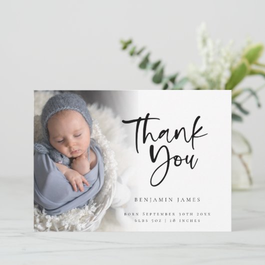 Foto Overlay Script Boy Danke Birth Ankündigung (Stehend Vorderseite)