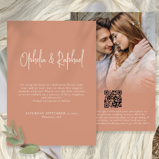 Foto Overlay Script QR Boho Wedding Terracotta Save The Date