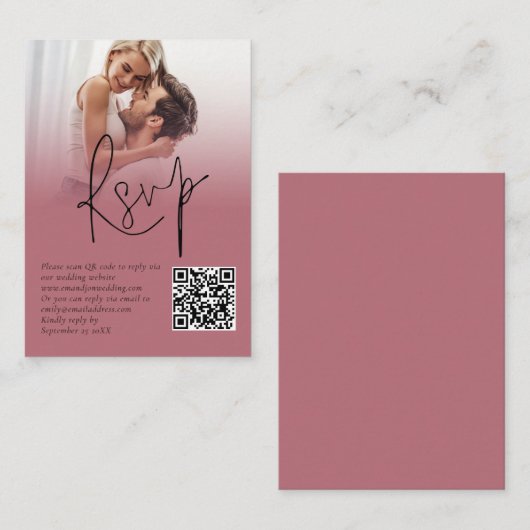 Foto Overlay Script QR Rose Gold Wedding RSVP Begleitkarte (Vorne/Hinten)