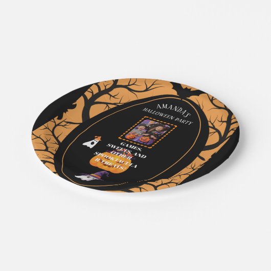 Foto-Party Einladung mit Trick-oder-Leckerei Pappteller (Schrägansicht)