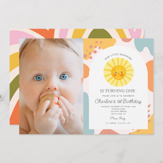 Foto Pastel Niedlich Sun Retro Wavy 1. Geburtstag Einladung