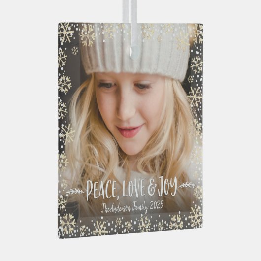 Foto Peace Liebe Freude Gold Snowflake Moderner Ur Ornament Aus Glas (Vorderseite Rechts)