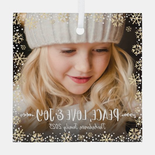 Foto Peace Liebe Freude Gold Snowflake Moderner Ur Ornament Aus Glas (Rückseite)