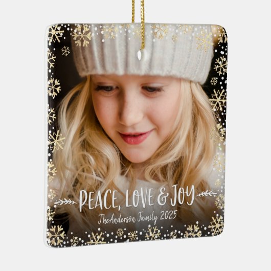 Foto Peace Liebe Joy Gold Snowflake Chic Weihnacht Keramikornament (Rechts)