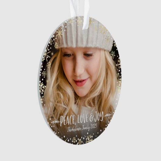 Foto Peace Liebe Joy Gold Snowflake Chic Weihnacht Ornament (Vorderseite)
