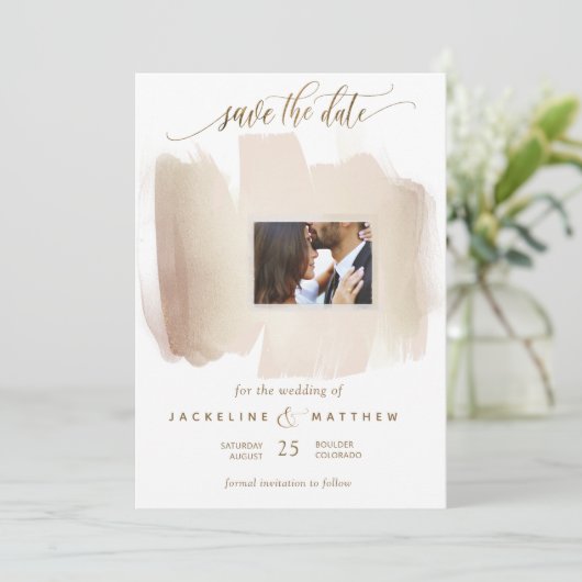 Foto Peach and Rust Brush Strokes Minimale Hochzei Save The Date (Stehend Vorderseite)