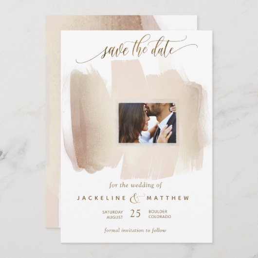 Foto Peach and Rust Brush Strokes Minimale Hochzei Save The Date (Vorne/Hinten)